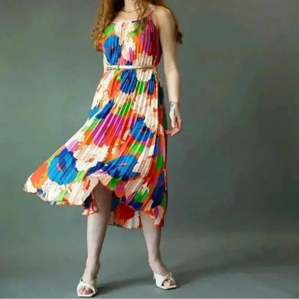 Sam Edelman Red and Blue Asymmetrical Pleated Sundress